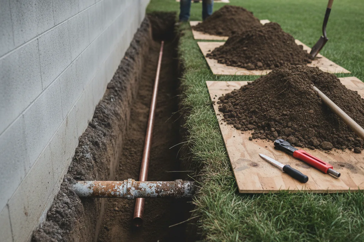 Excavated water line trench during Sewer Line Repair in League City